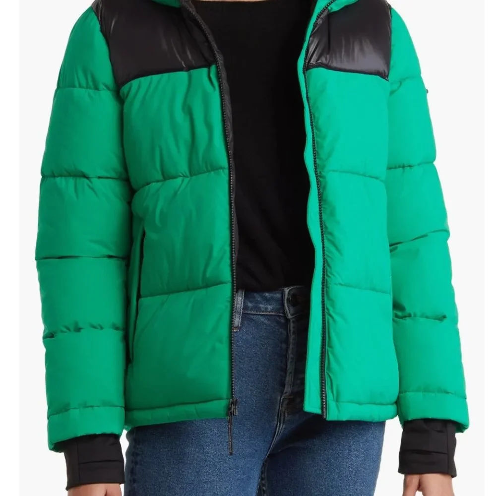 BCBGeneration Size XL Colorblock Hooded Puffer Jacket Kelly Green NWT $228